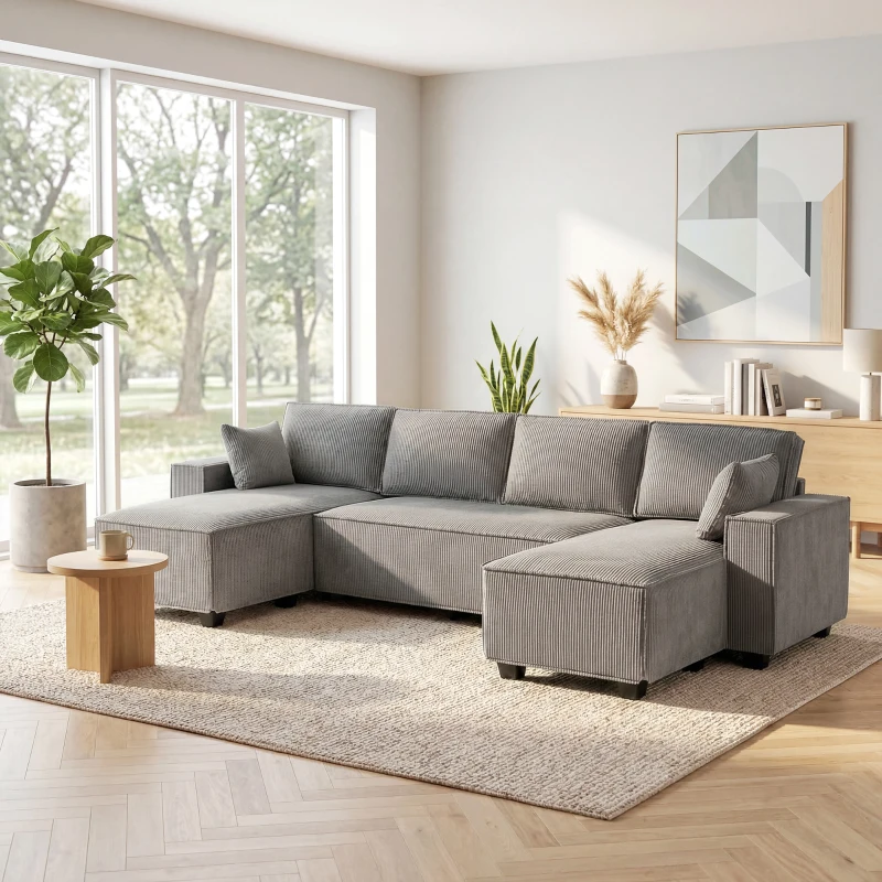 HOMCOM Ecksofa mit Doppel-Chaiselongues, U-förmiges Sofa aus Cordstoff mit breitem und tiefem Sitz, Federkernkissen, Hellgrau