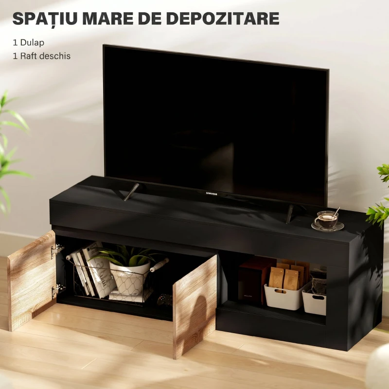 HOMCOM Comodă TV Modernă cu Dulap, Negru și Lemn Natur