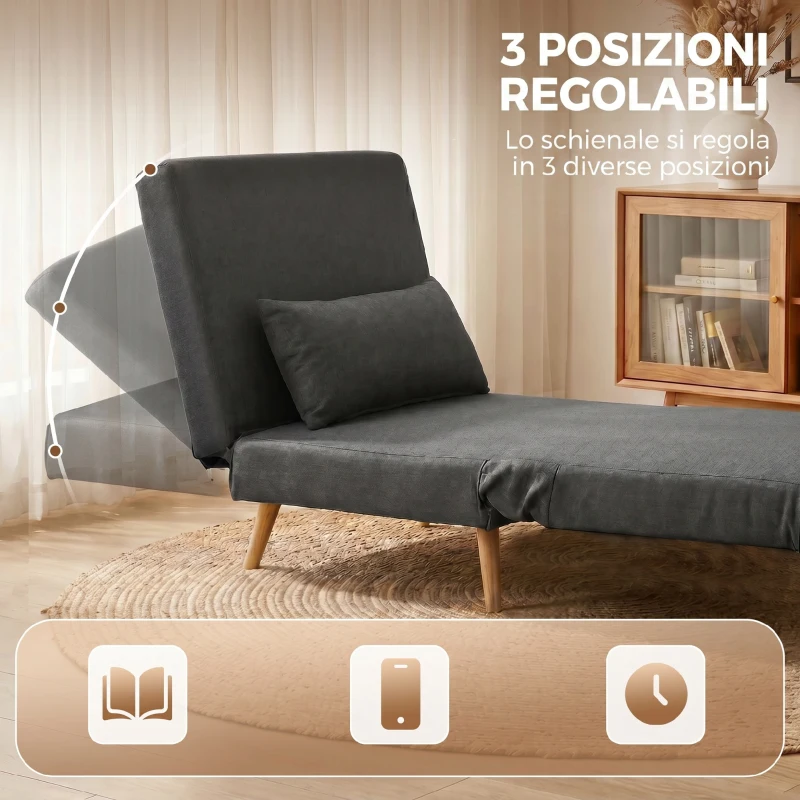 HOMCOM Poltrona Letto Singola 3 in 1 con Schienale Regolabile in 3 Livelli e Cuscino, in Tessuto Effetto Lino, Grigio