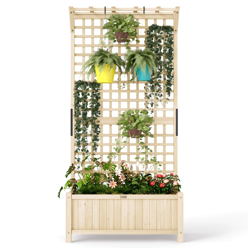 Outsunny Jardinieră cu Găuri de Drenaj, Ghiveci din Lemn cu Spalier pentru Plante Cățărătoare, Flori, Natural
