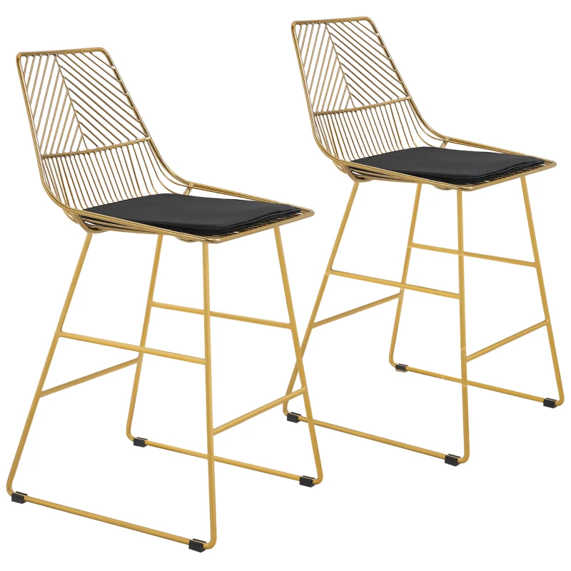 HOMCOM Set of 2 Bar Stools, Modern Counter Height Breakfast Bar Chairs with Wire Metal Frame for Kitchen, Dining Room, Gold