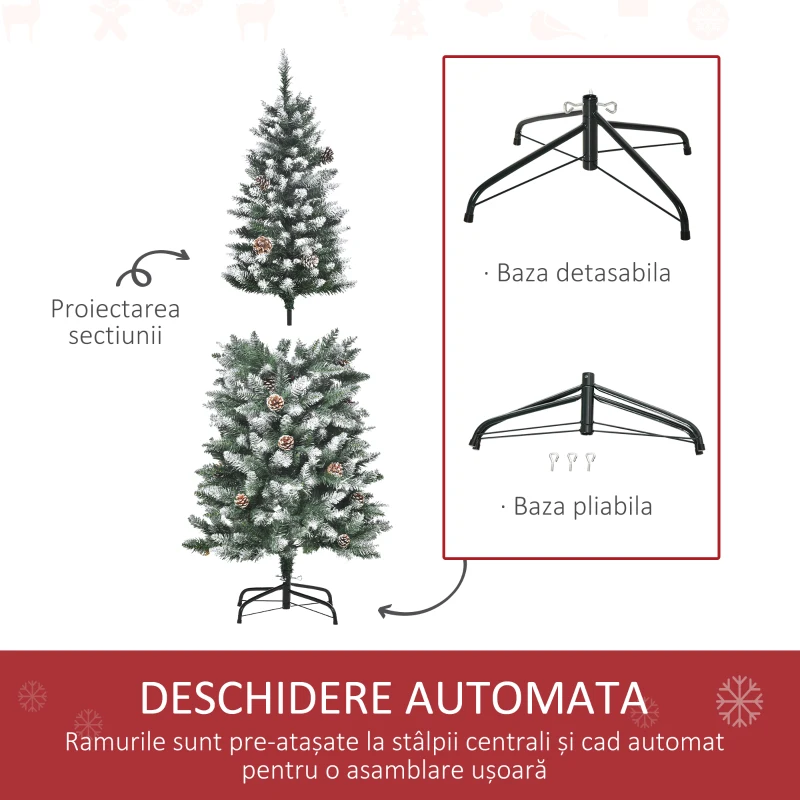 HOMCOM Brad de Crăciun acoperit de zăpadă, 150 cm, cu 464 ramuri și 28 conuri din plastic și metal, verde și alb