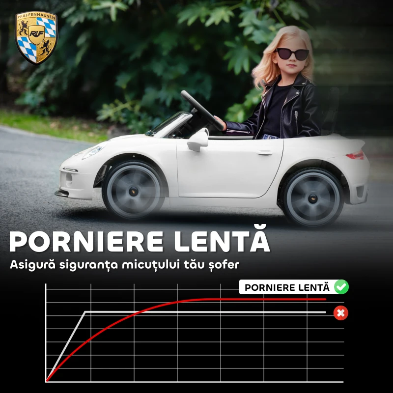 AIYAPLAY Mașină pentru Copii 3-5 Ani cu Licență Oficială RUF GT, Telecomandă, Centură de Siguranță și Muzică, Alb