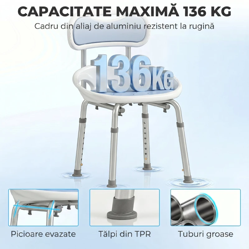 HOMCOM Scaun de Duș cu Spătar și Șezut Perforat, 8 Niveluri Reglabil, Antiderapant, 49,5 x 54 x 92 cm, Albastru