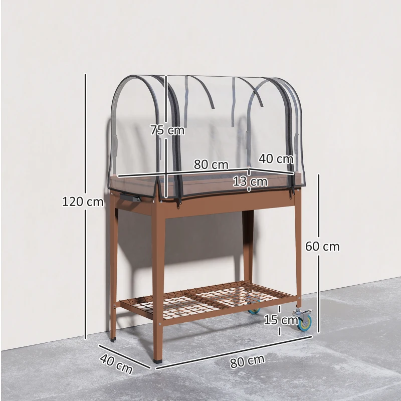 Outsunny Fioriera Rialzata con Mini Serra per Piante, Ruote e Ripiano, 80x40x120cm, Marrone