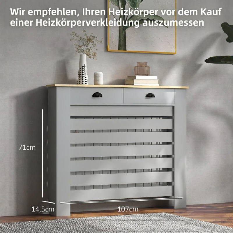 Acoperiș HOMCOM pentru Calorifer din MDF cu Grilaj și 2 Sertare, 111x19x95.5 cm, Gri