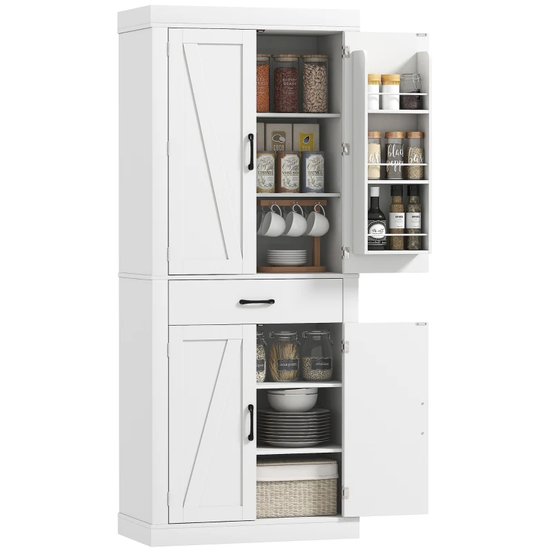 HOMCOM Dulap de Bucătărie Rustic cu 2 Dulapuri, 6 Rafturi și Sertar, din Lemn, 76x39.5x183.5 cm, Alb