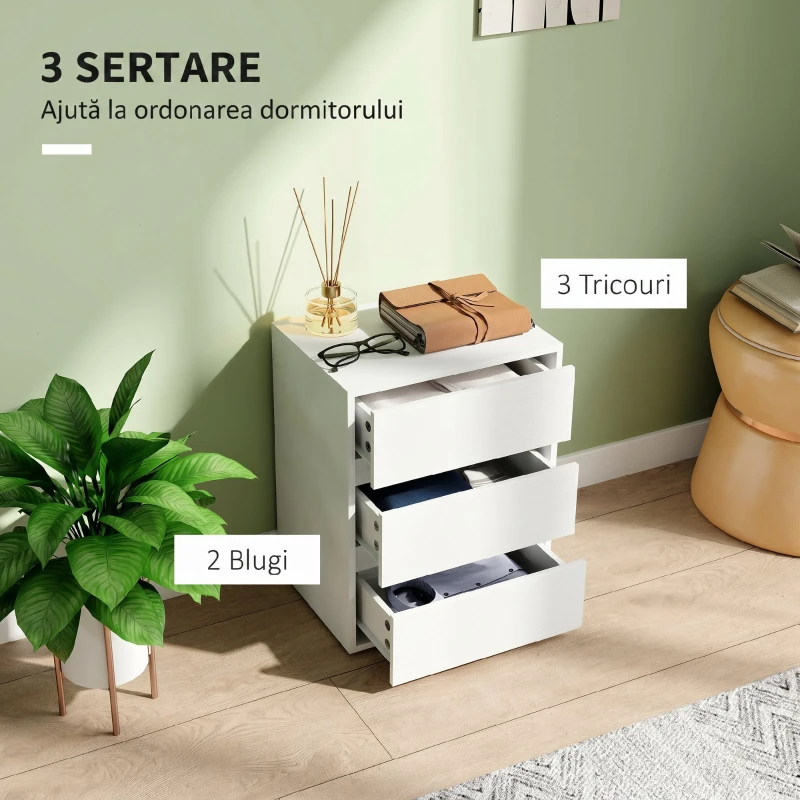 HOMCOM Comodă modernă cu 3 sertare din lemn alb, 40x30x50,5 cm