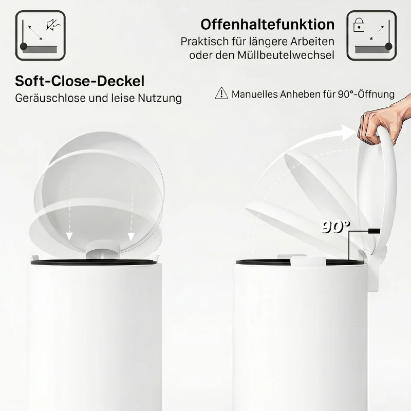 HOMCOM Mülleimer 30L, Treteimer, einrastbarer Deckel, Pedal, fleckenresistent, Cremeweiß