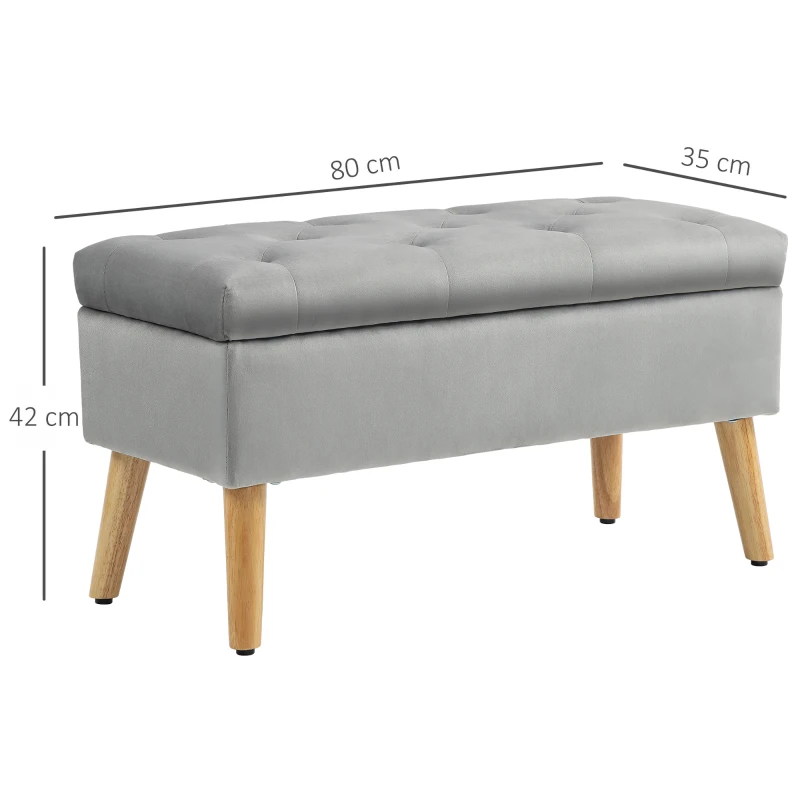 HOMCOM Banc de rangement coffre de rangement tissu effet velours pieds en bois charge max. 120 kg 80 x 35 x 42 cm, gris