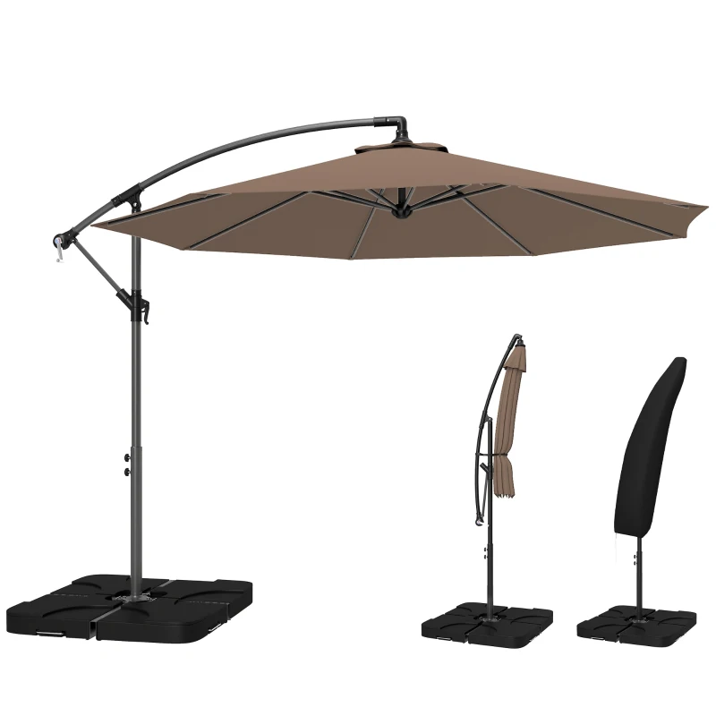 Outsunny 3(m) Garden Banana Parasol Cantilever Umbrella with Crank Handle, Cross Base, Weights and Cover for Outdoor, Hanging Sun Shade, Coffee
