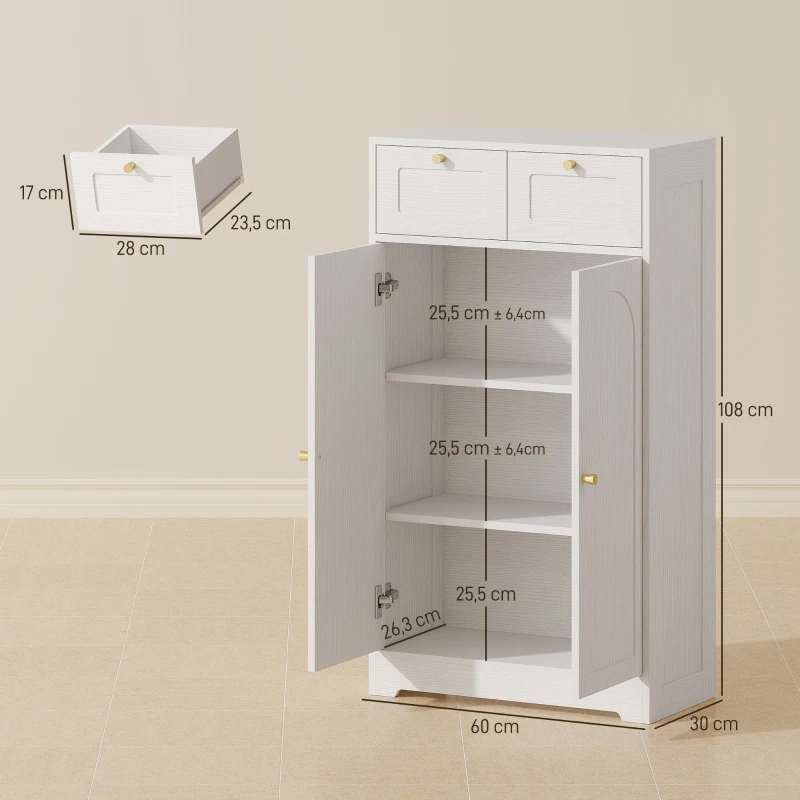 HOMCOM Armário de Casa de Banho Estreito com 2 Gavetas Prateleira Aberta e Porta com Painel Arqueado 60x30x108 cm Branco Texturizado