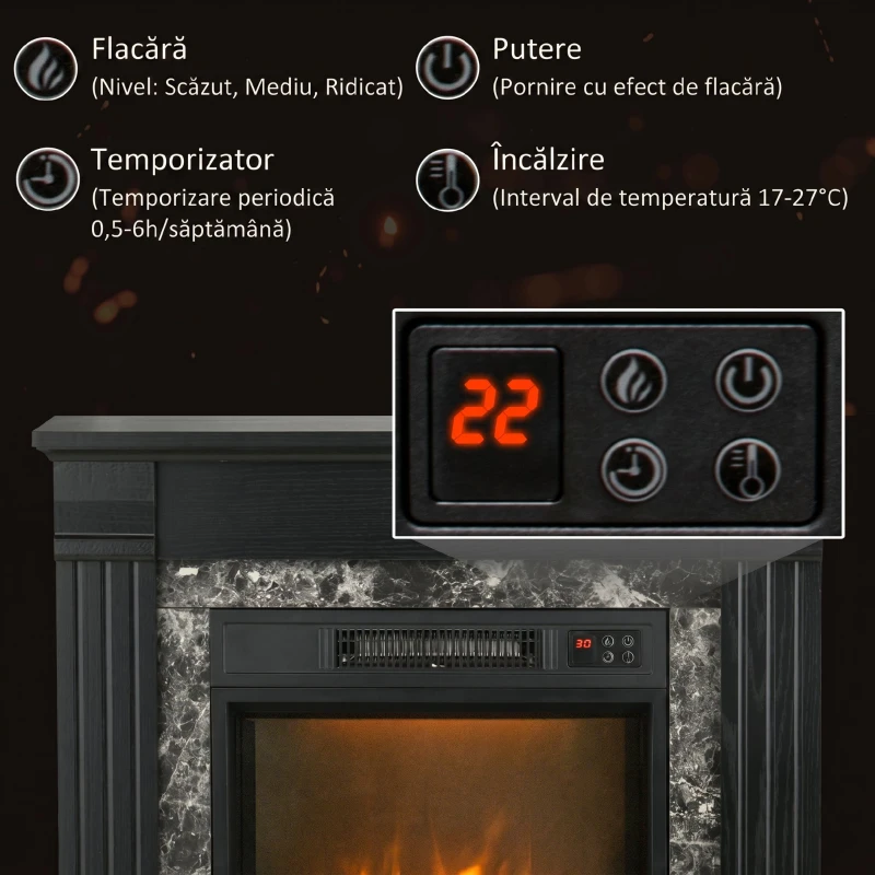 HOMCOM Semineu Electric care se Amplaseaza pe Podea cu Temporizator, Flacara Realista si Temperatura Reglabila, din Metal, ABS si PAL, 80x21.6x67.8 cm, Negru