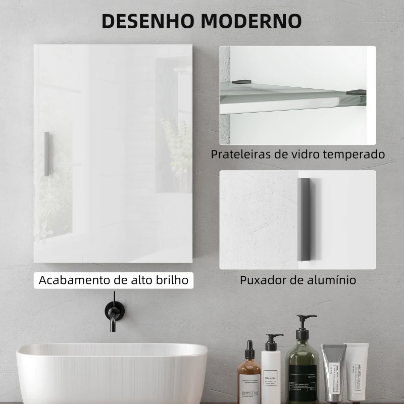 HOMCOM Armário de Casa de Banho Parede com Prateleiras Ajustáveis de Vidro Temperado 40x15x55 cm Branco Brilho