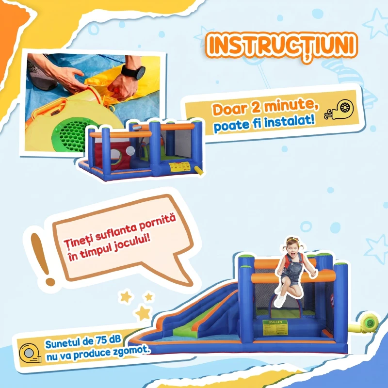 Outsunny 4 in 1 pentru copii Tobogan de apa Bounce House tobogan, trambulina, piscina, pentru copii de 3-8 ani