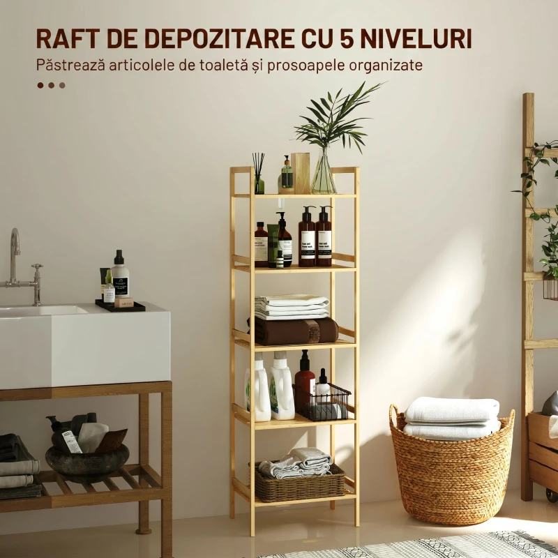 HOMCOM Raft de Baie cu 5 Rafturi Reglabile în Înălțime din Bambus, 43.5x31.5x142 cm, Lemn Natural