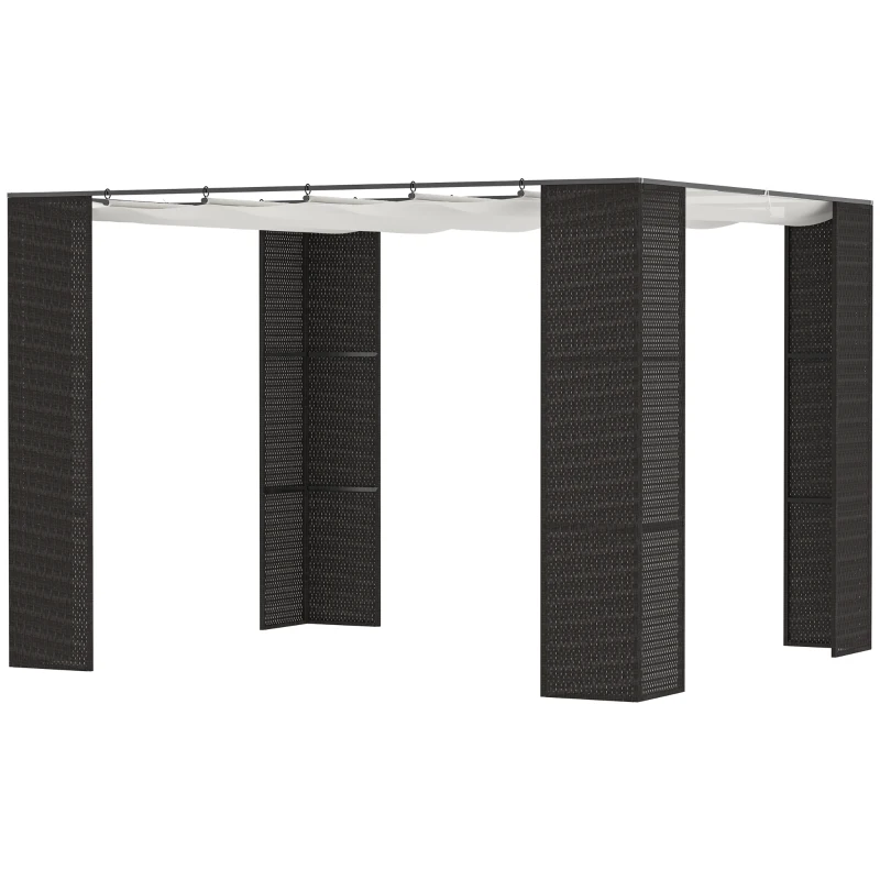 Outsunny Gazebo Pergola da Giardino 3x3m con Tenda Scorrevole, Struttura in Metallo e Rattan PE, Nero
