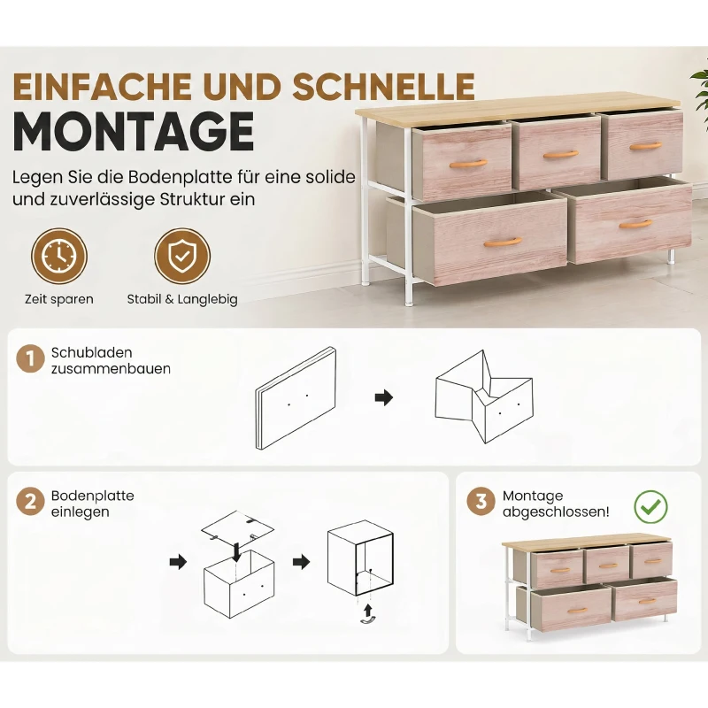 HOMCOM Kommode mit 5 Schubladen, Stoffkommode mit Metallrahmen und Holzoberfläche, Naturholz und Weiß