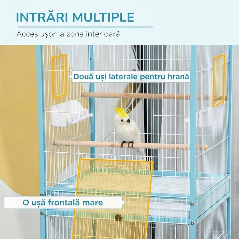 PawHut Colivie pentru Pasari 2 in 1 Voliera pentru Interior cu 4 Roti Pivotante, Tavi Detasabile si Recipiente din plastic, 51,5x50x140cm, Albastra