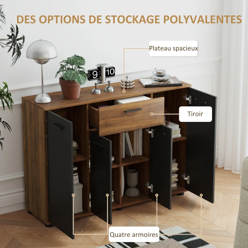 HOMCOM Buffet salon meuble de rangement avec 4 placards, tiroirs et étagères réglables, dim. 120 x 35 x 85 cm, marron et noir