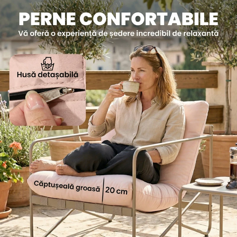 Outsunny Set de Grădină cu 4 Piese, Canapea, 2 Fotolii și Măsuță de Cafea Roz
