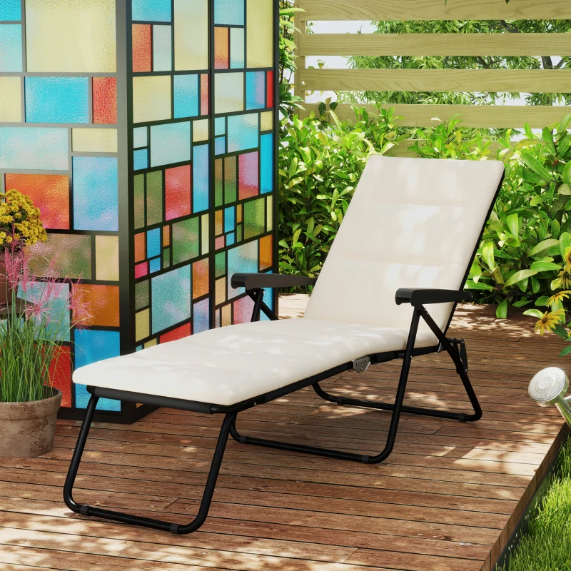 Outsunny Bain de soleil pliable transat inclinable 6 positions avec matelas + accoudoirs acier polyester 153 x 58,5 x 89 cm crème