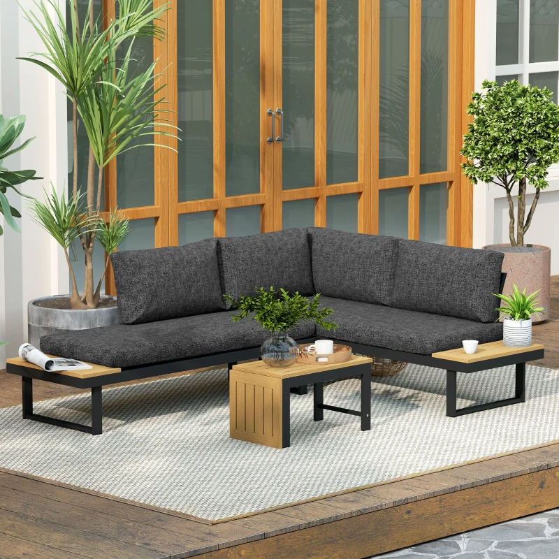 Outsunny 4 Seater L Shaped Aluminium Sectional Garden Furniture Set with 2 Loveseats and Wood-Plastic Coffee Table - Natural Wood