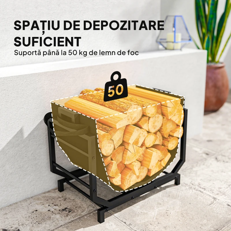 Outsunny Suport pentru lemne din metal cu geantă de transport detașabilă din material Oxford, 53x33x43 cm, negru