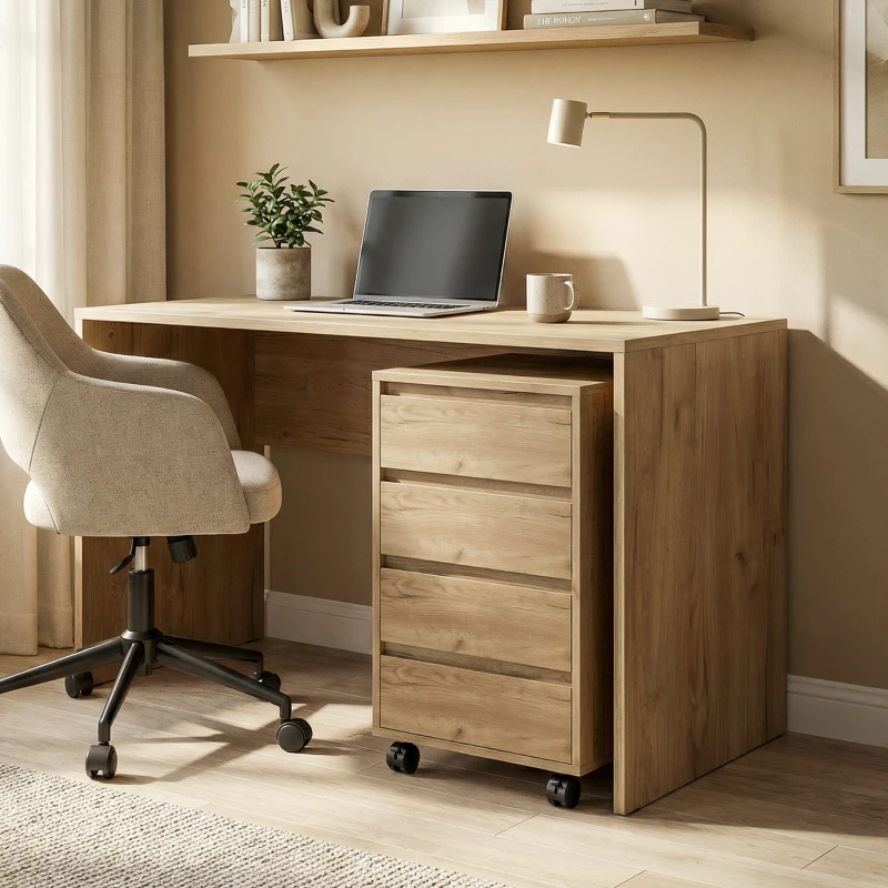 HOMCOM Caisson de bureau rangement bureau sur roulettes 4 tiroirs coulissants en bois aspect bois marron
