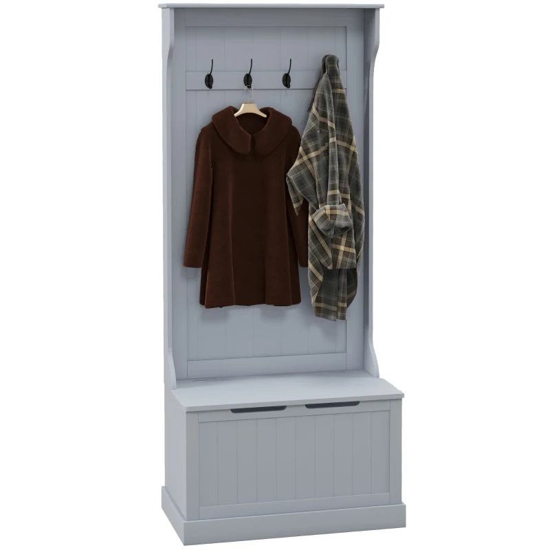 HOMCOM Cuier 3 în 1 cu 4 cârlige și bancă cu spațiu de depozitare, din lemn, 71,5x39,5x170 cm, gri(m-11)