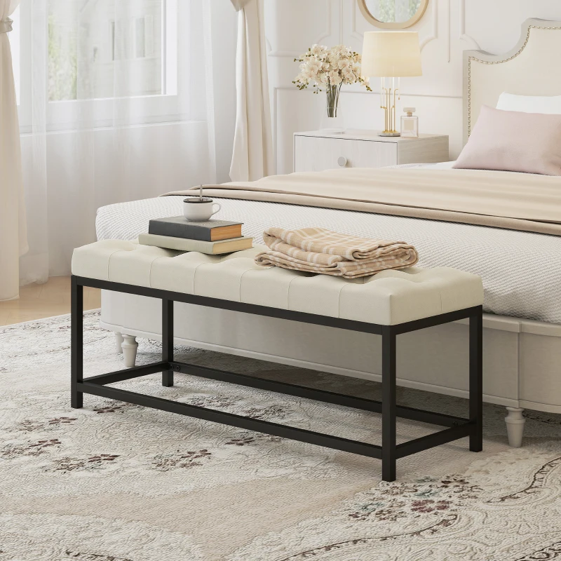 HOMCOM Banco Pie de Cama Tapizado en Terciopelo Diseño Capitoné Base de Metal para Dormitorio Entrada Salón Crema
