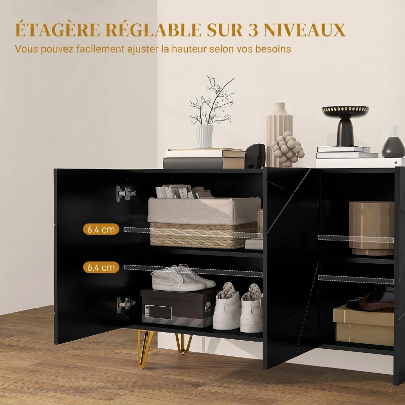 HOMCOM Buffet Salon, Meuble de Rangement à Haut Brillance, 3 Portes à Fermeture Douce et Étagères Réglables, 120x40x75cm, Noir