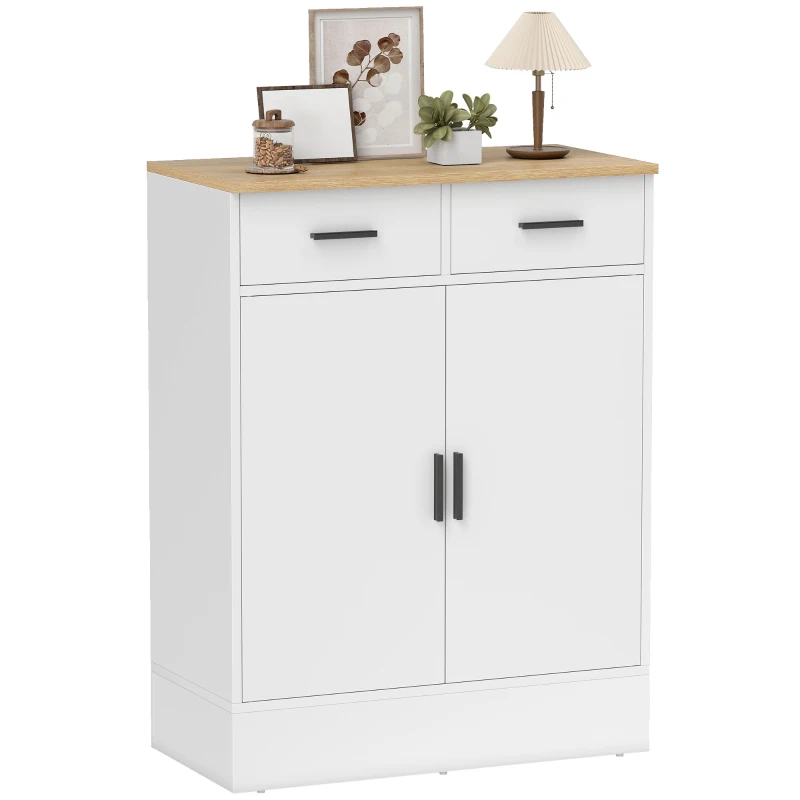 HOMCOM Sideboard mit Stauraum, Kommode mit 2 Schubladen, verstellbares Regal, für Küche, Wohnzimmer, Flur, Naturholz, Weiß