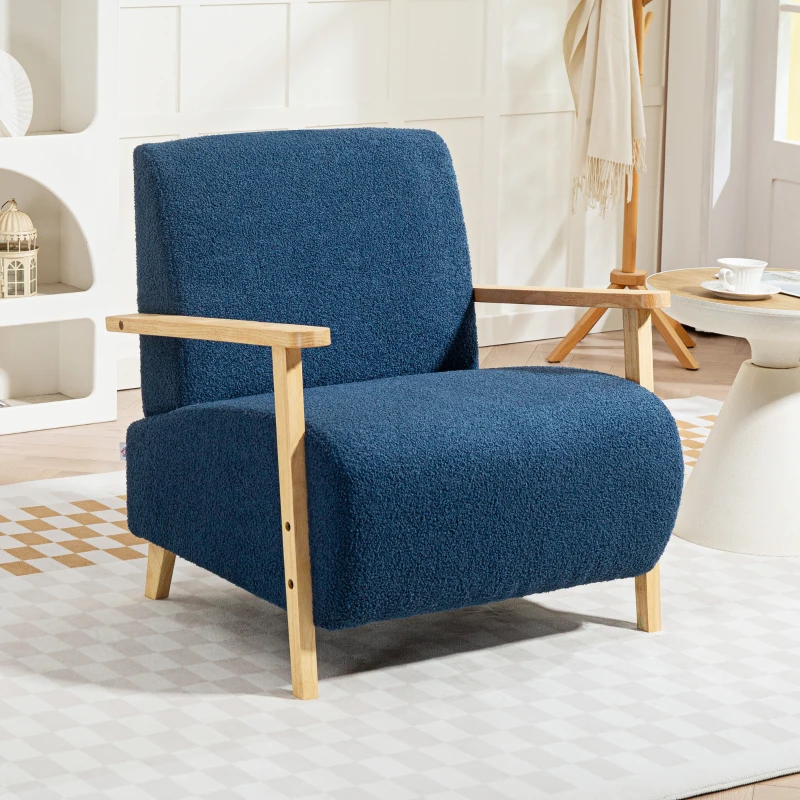 HOMCOM Poltrona Nórdica Poltrona Sala de Estar Estofada em Borrego com Apoio para os Braços de Madeira  74,5x76x78 cm Azul