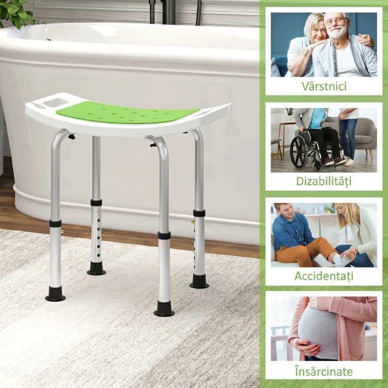 HOMCOM Scaun pentru duș din aluminiu și plastic antiderapant, înălțime reglabilă pe 6 nivele, 39-52cm, verde