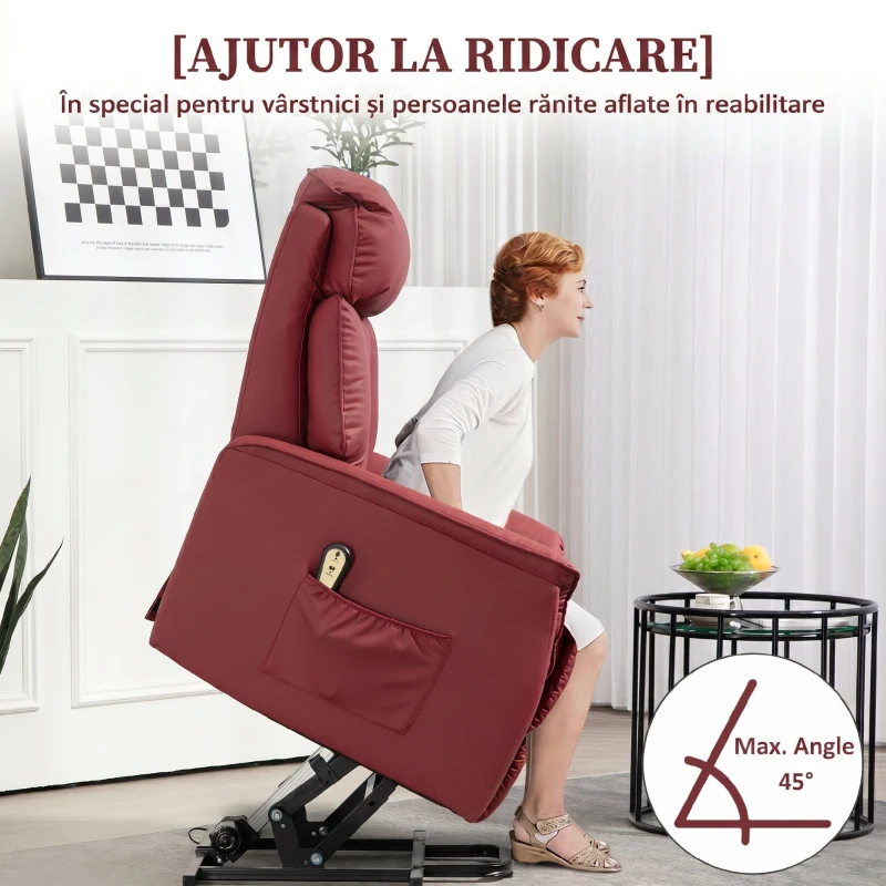 HOMCOM Fotoliu Relax Reclinabil cu Funcție de Ridicare Electrică, Telecomandă și Suport pentru Picioare, 80x94x104cm, Roșu