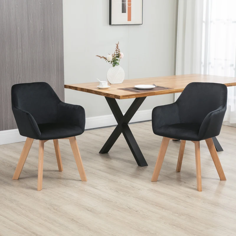 HOMCOM Conjunto de 2 Cadeiras de Sala de Jantar Estofadas em Veludo com Encosto Médio e Pés de Madeira de Borracha 54x57x80cm Preto