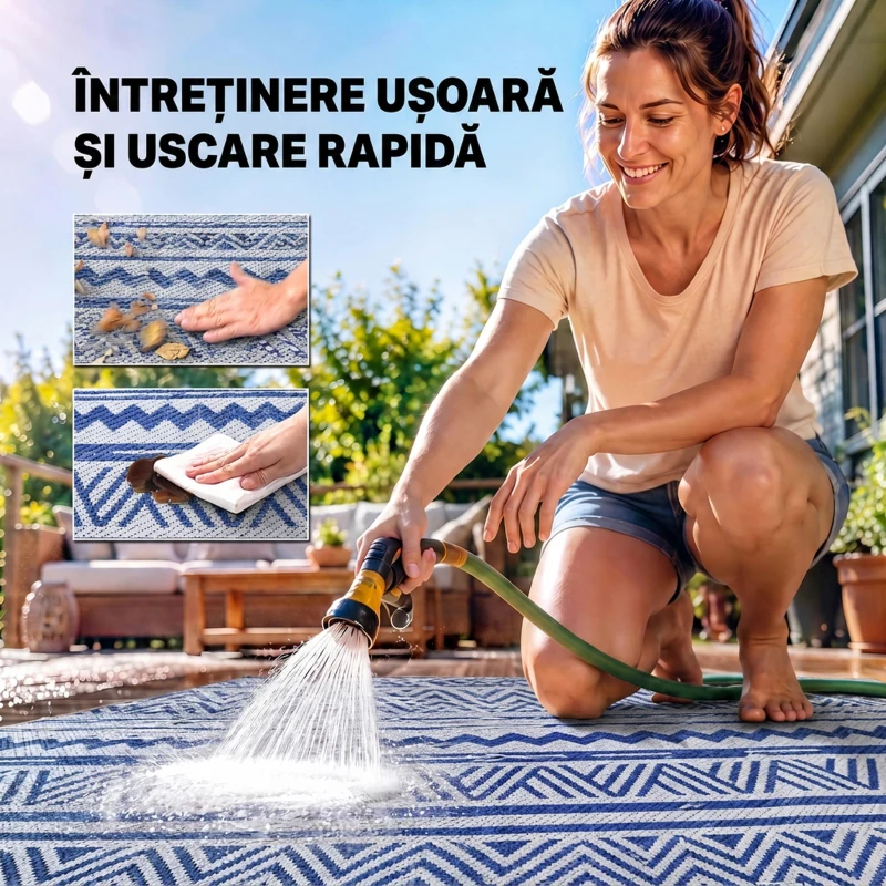 Outsunny Covor pentru Exterior 182x274 cm Reversibil, Covor Pliabil din Polipropilen 310 g/m² Albastru si Alb