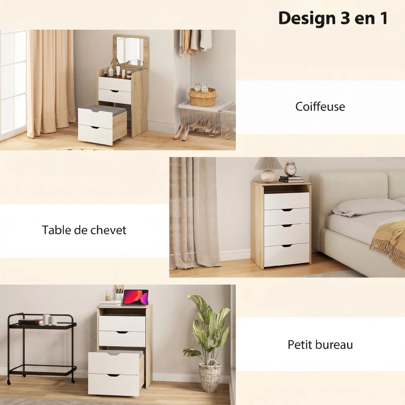 HOMCOM Coiffeuse avec miroir rabattable et tabouret de rangement, table de maquillage, 2 tiroirs, siège rembourré, chêne blanc
