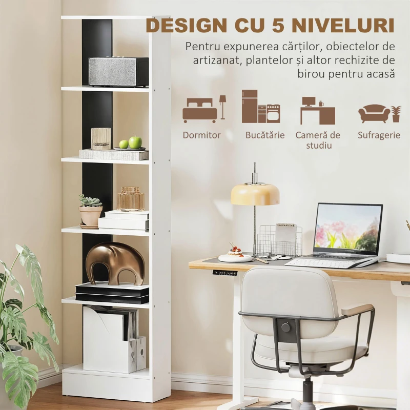 HOMCOM Bibliotecă Modernă Economisitoare de Spațiu cu 5 Rafturi din Lemn 45x21x170 cm, Alb și Negru