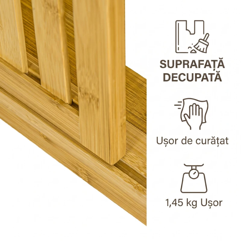 HOMCOM Dulap Deschis din Bambus cu 2 Uși Glisante, Rafturi Deschise și Bară pentru Umerașe, 145x35x165cm
