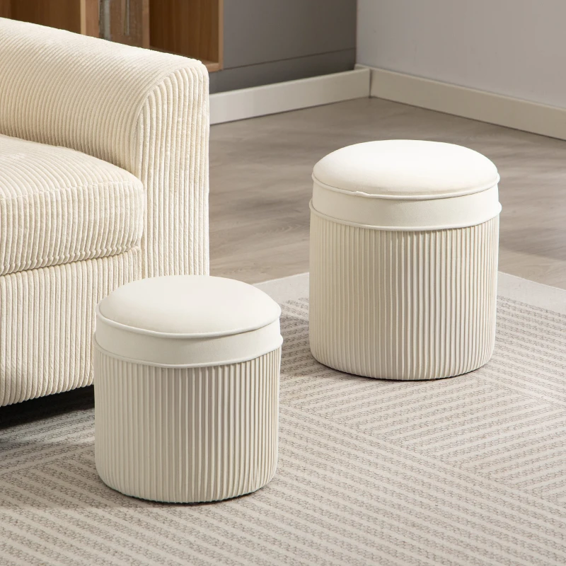 HOMCOM 2er Set Sitzhocker mit Stauraum Hocker mit Deckel, Runder Fußhocker mit Samtoptik 36 x 36 x 41,5 cm Cremeweiß