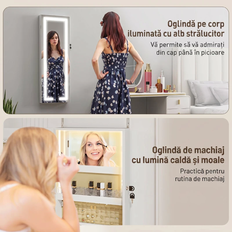 HOMCOM Dulap pentru bijuterii de perete sau pentru ușă, cu oglindă interioară și LED, cu încuietoare și cheie, buzunar cu fermoar, alb