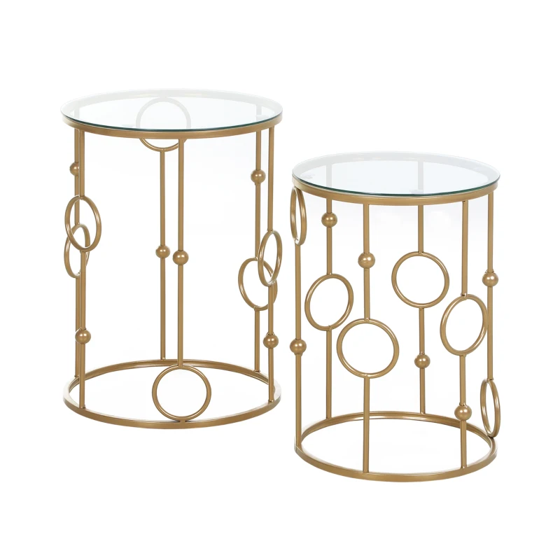 HOMCOM 2er-Set Couchtisch, Beistelltisch mit Glasplatte, Wohnzimmertisch mit Reifen- und Kugeldesign Ø41 x 57 cm, Gold