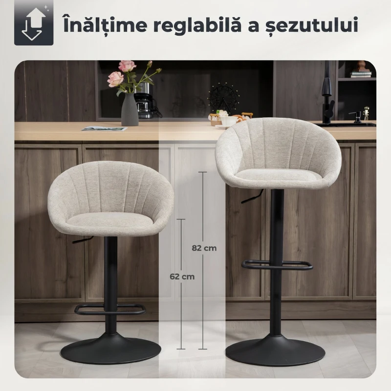 HOMCOM Set 2 Scaune de Bar cu Înălțime Reglabilă, Șezut Rotativ din Material Textil și Suport pentru Picioare, Bej