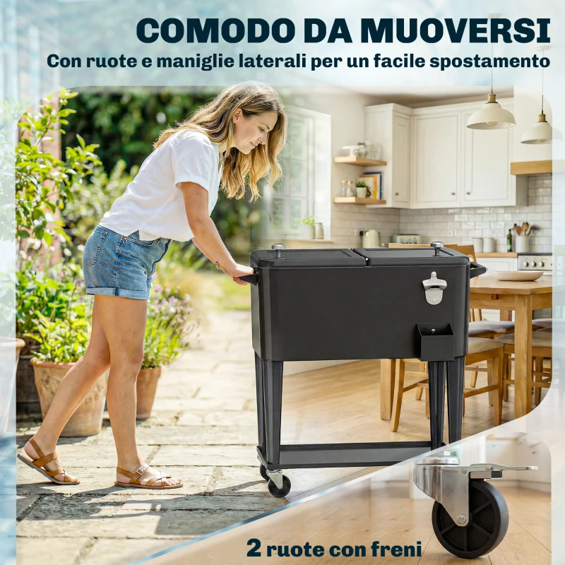 Outsunny Carrello Frigo 76L con Ripiano, Apribottiglie e Raccoglitore Tappi, in Plastica e Acciaio, 91x39x84.5 cm, Nero