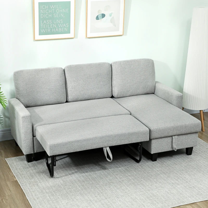 HOMCOM Canapea extensibilă cu 3 locuri, șezlong și spațiu de depozitare, material textil cu efect de in, 197x129x85 cm, gri și negru