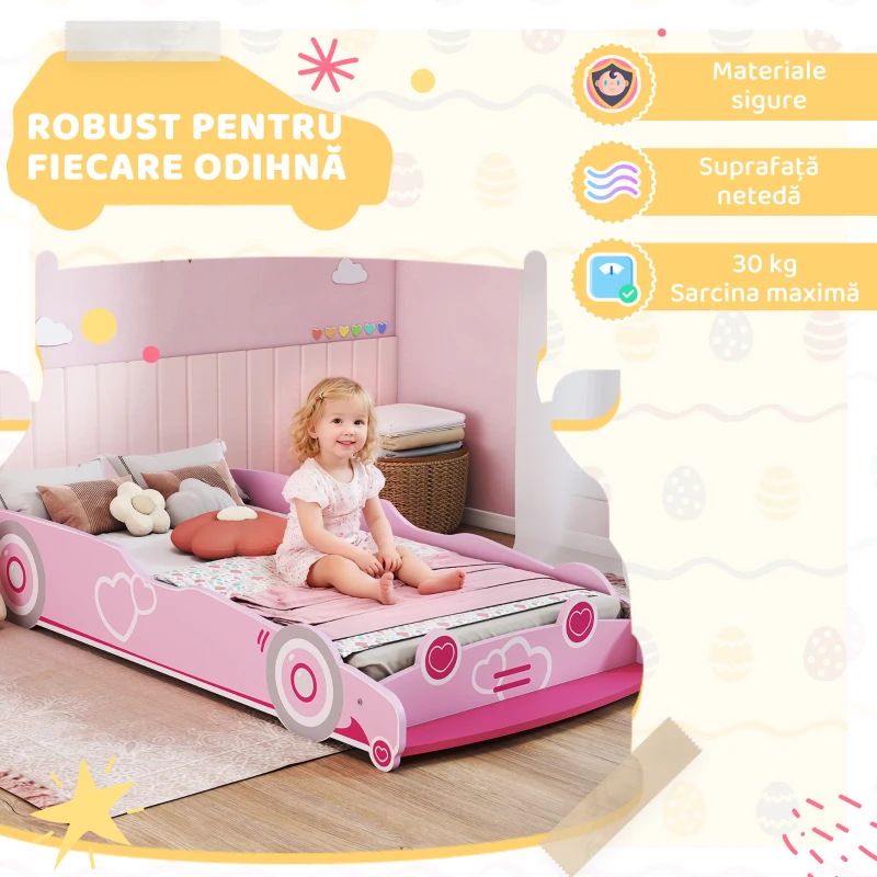 AIYAPLAY Pat pentru Copii de 3-5 Ani în Formă de Mașină cu Margini Ridicate de Siguranță, 140x70 cm, Roz
