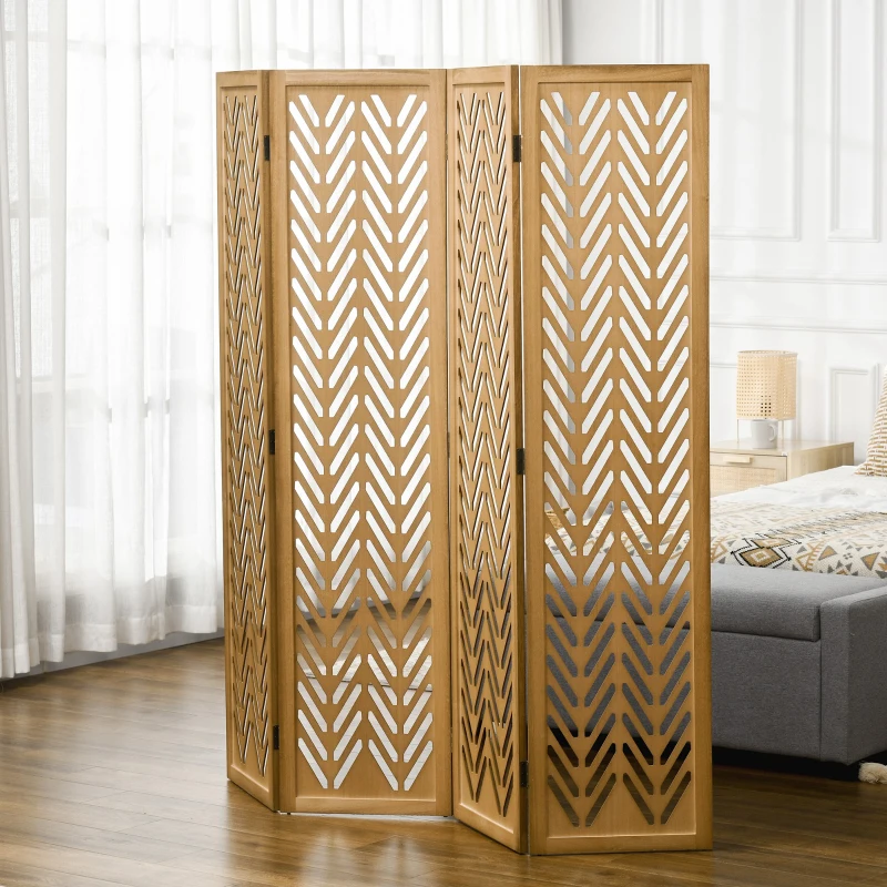 HOMCOM Biombo de 4 Painéis Dobrável 160x1,7x170 cm Separador de Ambientes de Madeira com Padrões Geométricos Madeira