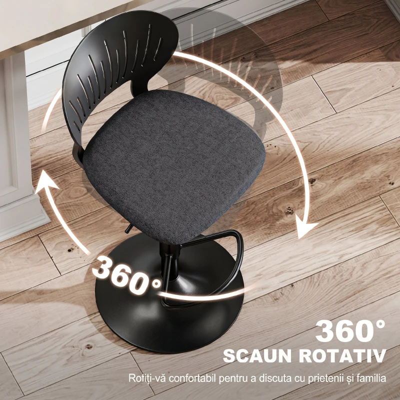 HOMCOM Set 2 Scaune de Bar Reglabile, Scaune de Bucătărie Înalte din Material Textil cu Efect de In cu Spătar, Suport pentru Picioare și Șezut Moale, Cadru Metalic, Scaune Rotative la 360°, Negru